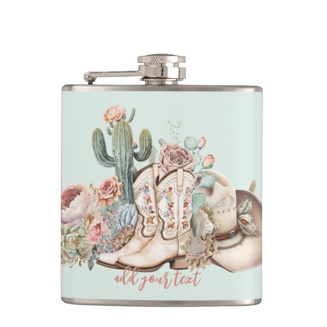 Boho desert cowgirl cowboy boots cowboy hat flask (Front)