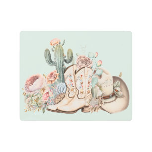 Boho desert cowgirl cowboy boots cowboy hat metal print