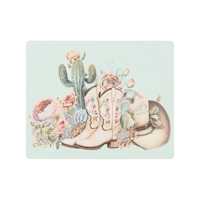 Boho desert cowgirl cowboy boots cowboy hat metal print (Front)