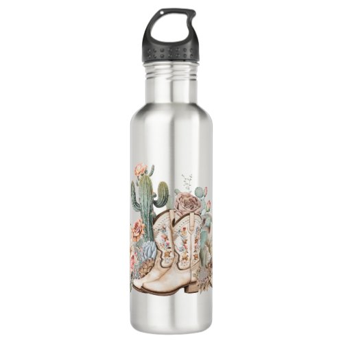 Boho desert cowgirl cowboy boots cowboy hat stainless steel water bottle