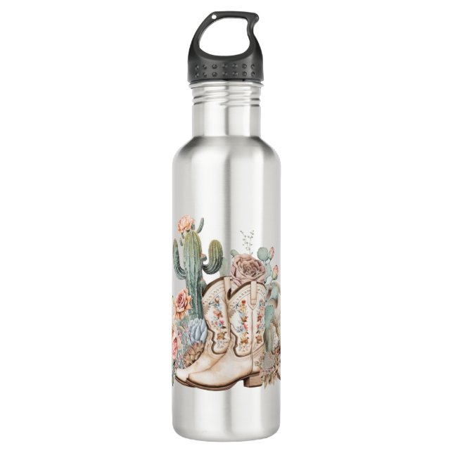 Boho desert cowgirl cowboy boots cowboy hat stainless steel water bottle (Front)