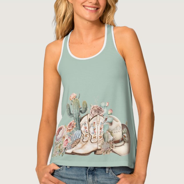 Boho desert cowgirl cowboy boots cowboy hat tank top (Front)