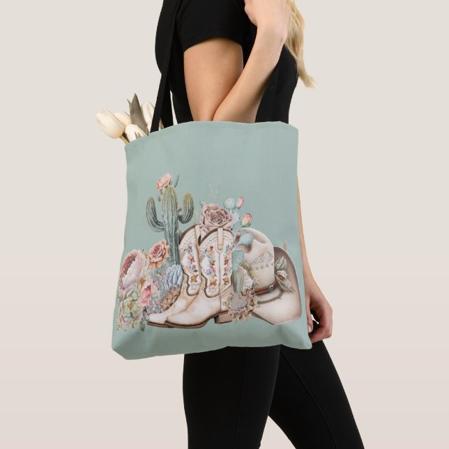 Boho desert cowgirl cowboy boots cowboy hat tote bag (Close Up)