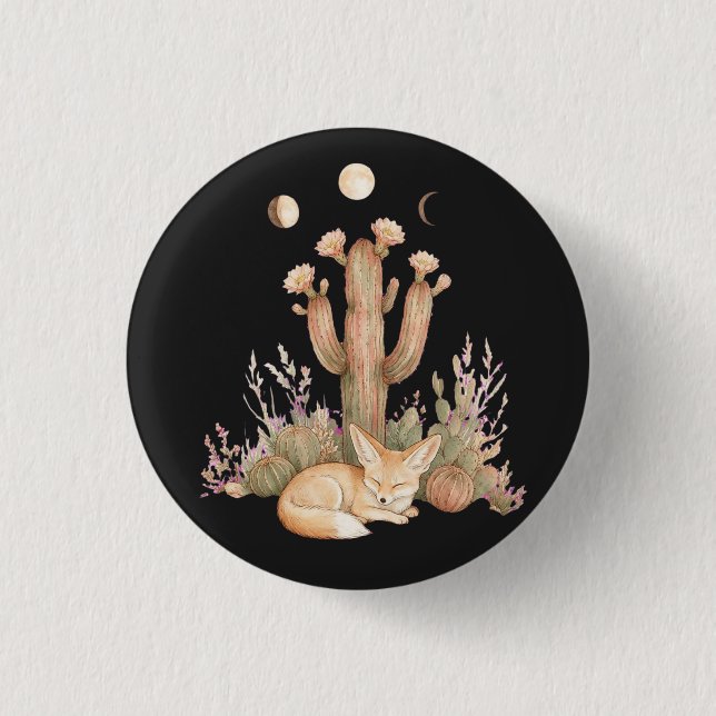 Boho Desert Fennec Fox Sleeping Under Saguaro Cact Button (Front)