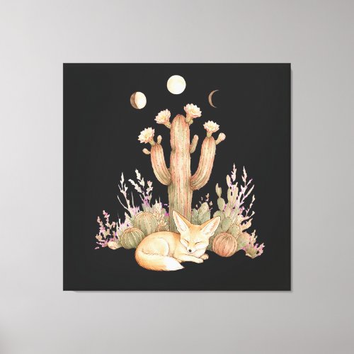 Boho Desert Fennec Fox Sleeping Under Saguaro Cact Canvas Print