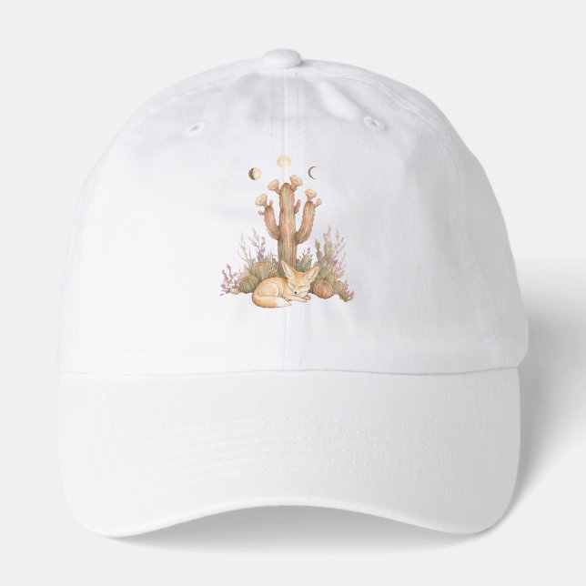 Boho Desert Fennec Fox Sleeping Under Saguaro Cact Hat (Front)