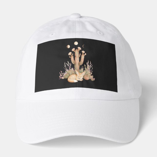 Boho Desert Fennec Fox Sleeping Under Saguaro Cact Hat (Front)