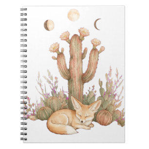 Boho Desert Fennec Fox Sleeping Under Saguaro Cact Notebook