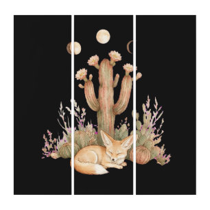 Boho Desert Fennec Fox Sleeping Under Saguaro Cact Triptych