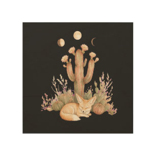 Boho Desert Fennec Fox Sleeping Under Saguaro Cact Wood Wall Art