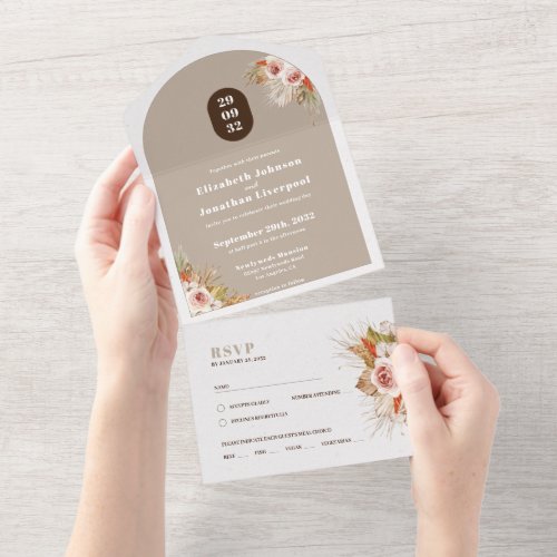 Boho desert floral arch frame earth tones all in one invitation