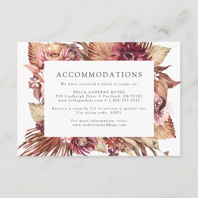 Boho Desert Floral Wedding Hotel Accommodations Enclosure Card (Front)