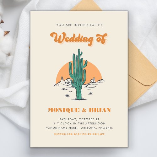 Boho Desert Groovy Retro Cactus  Photo Wedding Invitation