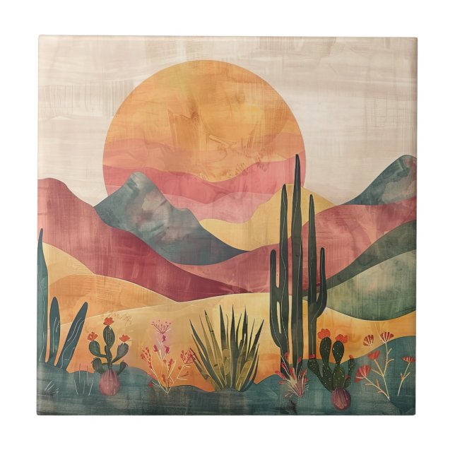 Boho Desert Landscape - Southwestern Nature Ceramic Tile (Front)
