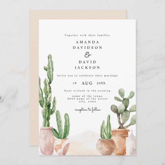 Boho Desert Mexican Cactus Bohemian Chic Wedding Invitation (Front/Back)