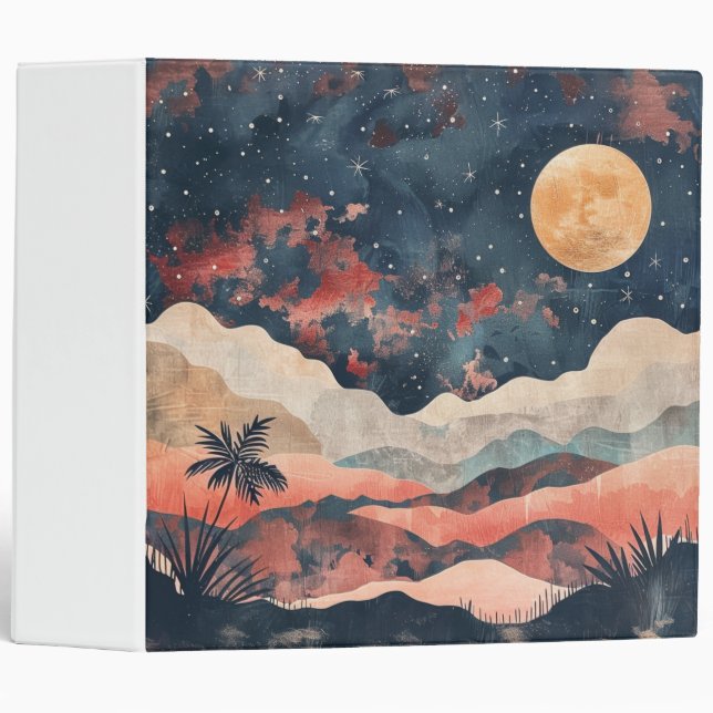 Boho Desert Moon Indigo Copper Celestial Landscape 3 Ring Binder (Front/Spine)