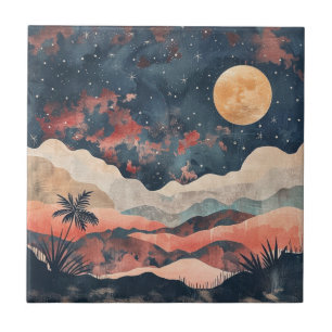 Boho Desert Moon Indigo Copper Celestial Landscape Ceramic Tile