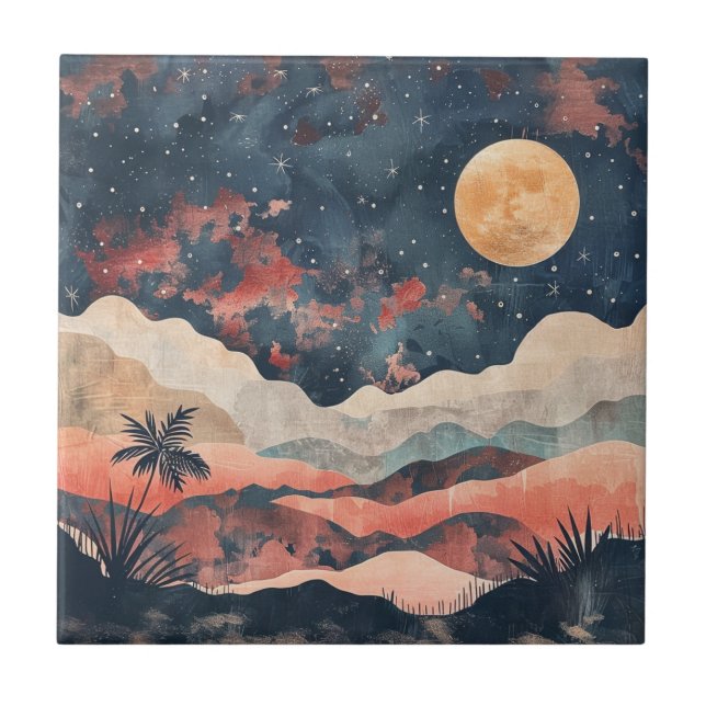 Boho Desert Moon Indigo Copper Celestial Landscape Ceramic Tile (Front)