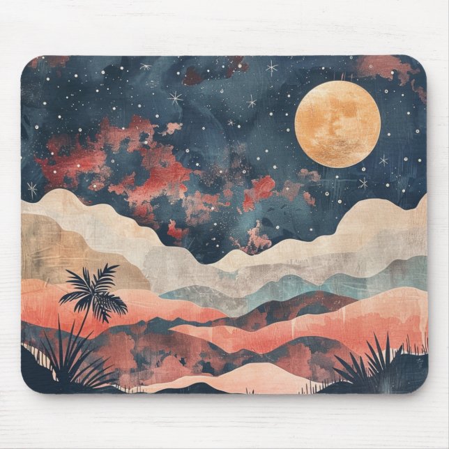 Boho Desert Moon Indigo Copper Celestial Landscape Mouse Pad (Front)