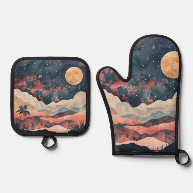 Boho Desert Moon Indigo Copper Celestial Landscape Oven Mitt & Pot Holder Set (Front)