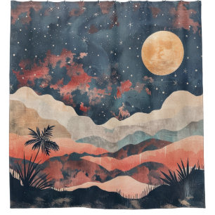 Boho Desert Moon Indigo Copper Celestial Landscape Shower Curtain
