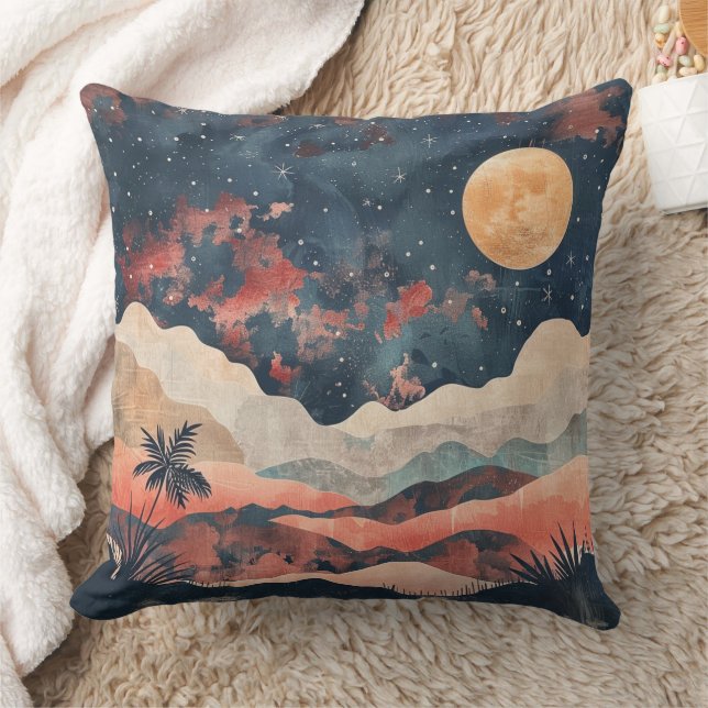 Boho Desert Moon Indigo Copper Celestial Landscape Throw Pillow (Blanket)
