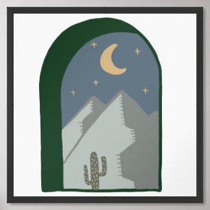 Boho Desert Night  Moon, Mountains & Cactus Minima Framed Art