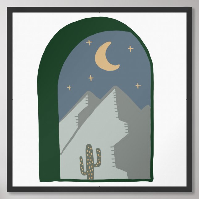 Boho Desert Night  Moon, Mountains & Cactus Minima Framed Art (Framed Front)