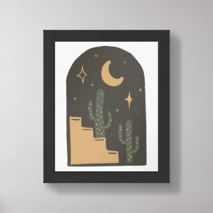 Boho Desert Night Moon, Stars & Cactus Minimal Framed Art