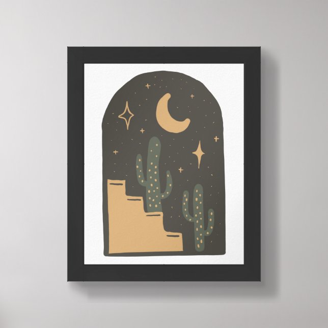 Boho Desert Night Moon, Stars & Cactus Minimal Framed Art (Framed Front)