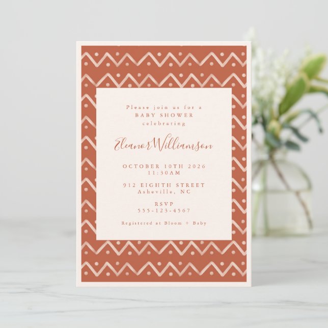 Boho Desert Rust Geometric Lines Baby Shower Invitation (Standing Front)
