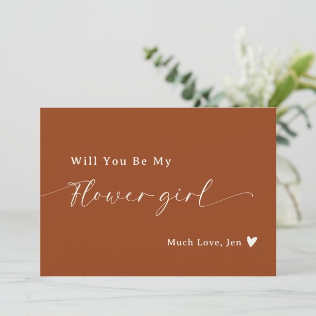 Boho Desert Rust Script Flower Girl Proposal Card (Standing Front)