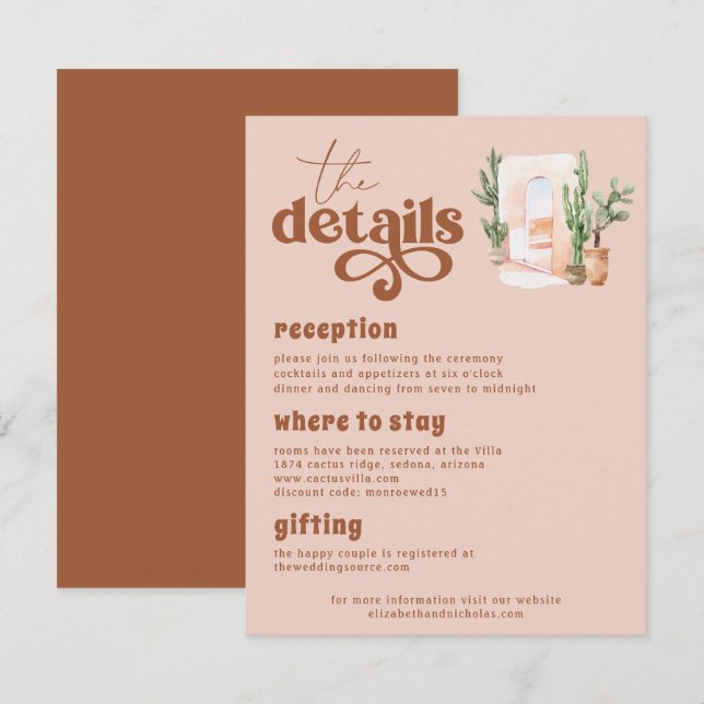Boho Desert | Terra Cotta Wedding Guest Details Enclosure Card (Front/Back)