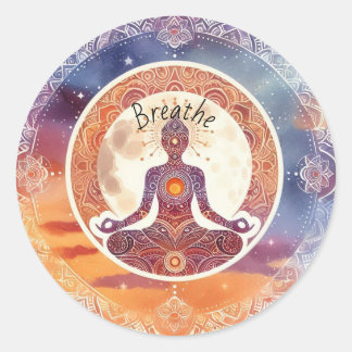 Boho design, breathe, meditation, self-care classic round sticker