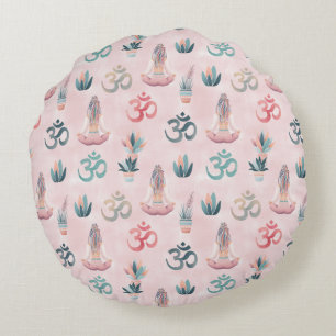 Boho Design Woman with Dreadlocks Meditation OM Round Pillow