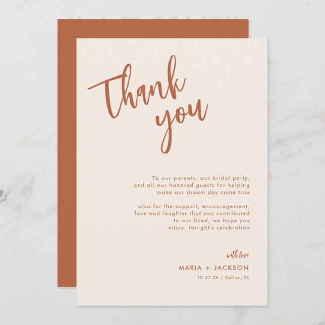 Boho Dessert Wedding Menu Thank You Note Cards (Front/Back)