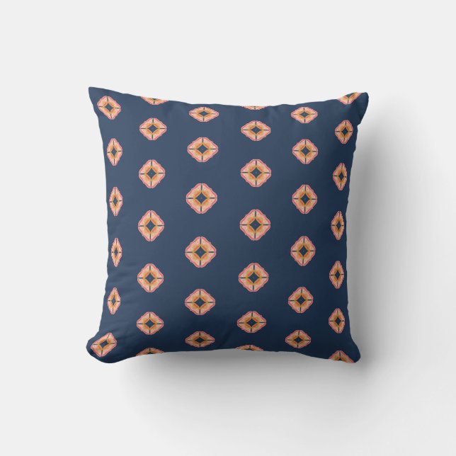 Boho Diamond Pattern Navy Blue Pink  Throw Pillow (Front)