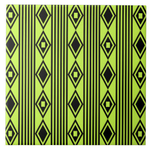 Boho Diamonds Stripes Black Chartreuse Ceramic Tile