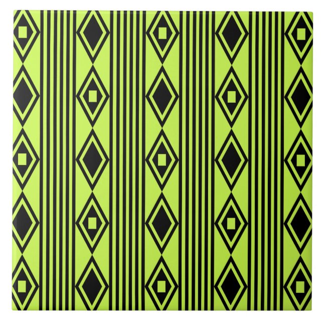 Boho Diamonds Stripes Black Chartreuse Ceramic Tile (Front)