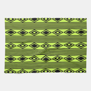 Boho Diamonds Stripes Black Chartreuse Kitchen Towel