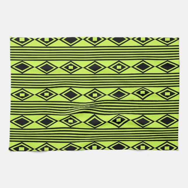 Boho Diamonds Stripes Black Chartreuse Kitchen Towel (Horizontal)