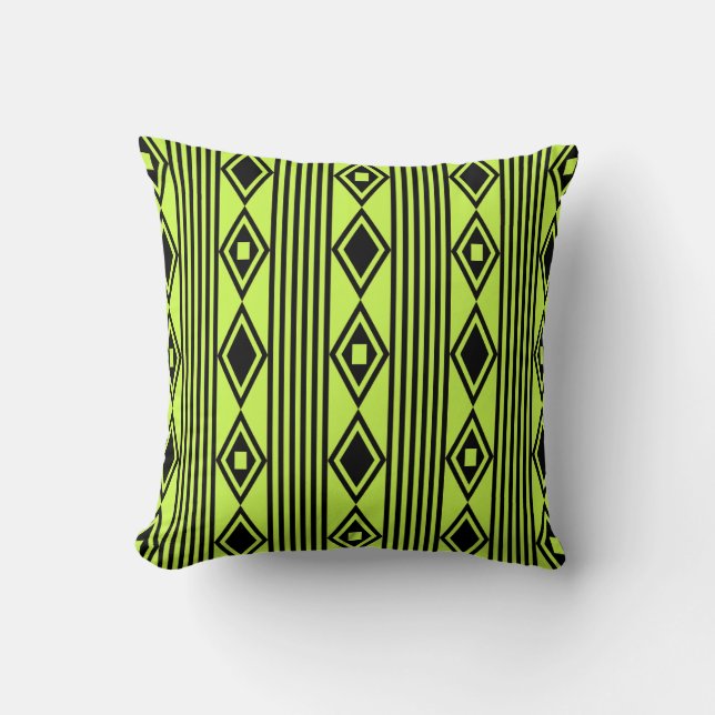 Boho Diamonds Stripes Black Chartreuse Throw Pillow (Front)