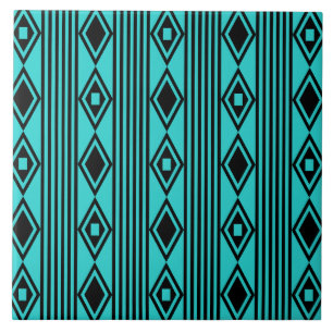 Boho Diamonds Stripes Black Turquoise Ceramic Tile