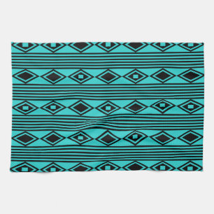 Boho Diamonds Stripes Black Turquoise Kitchen Towel