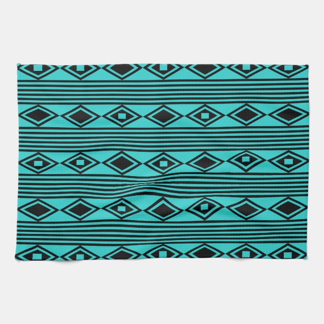 Boho Diamonds Stripes Black Turquoise Kitchen Towel (Horizontal)