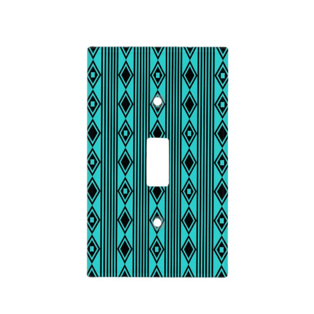 Boho Diamonds Stripes Black Turquoise Light Switch Cover (Front)