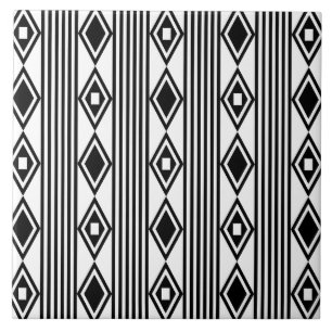 Boho Diamonds Stripes Black White Ceramic Tile