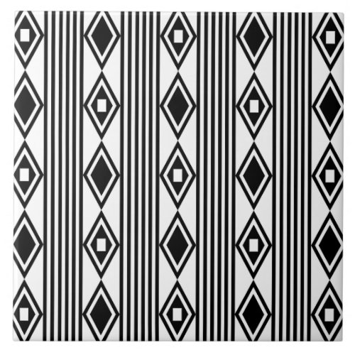 Boho Diamonds Stripes Black White Ceramic Tile