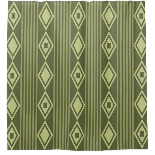 Boho Diamonds Stripes Olive Green Shower Curtain (Front)