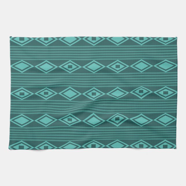 Boho Diamonds Stripes Teal Kitchen Towel (Horizontal)